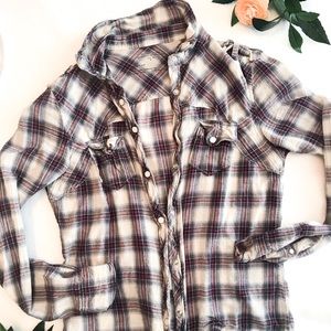 All Saints distressed plaid button down shirt